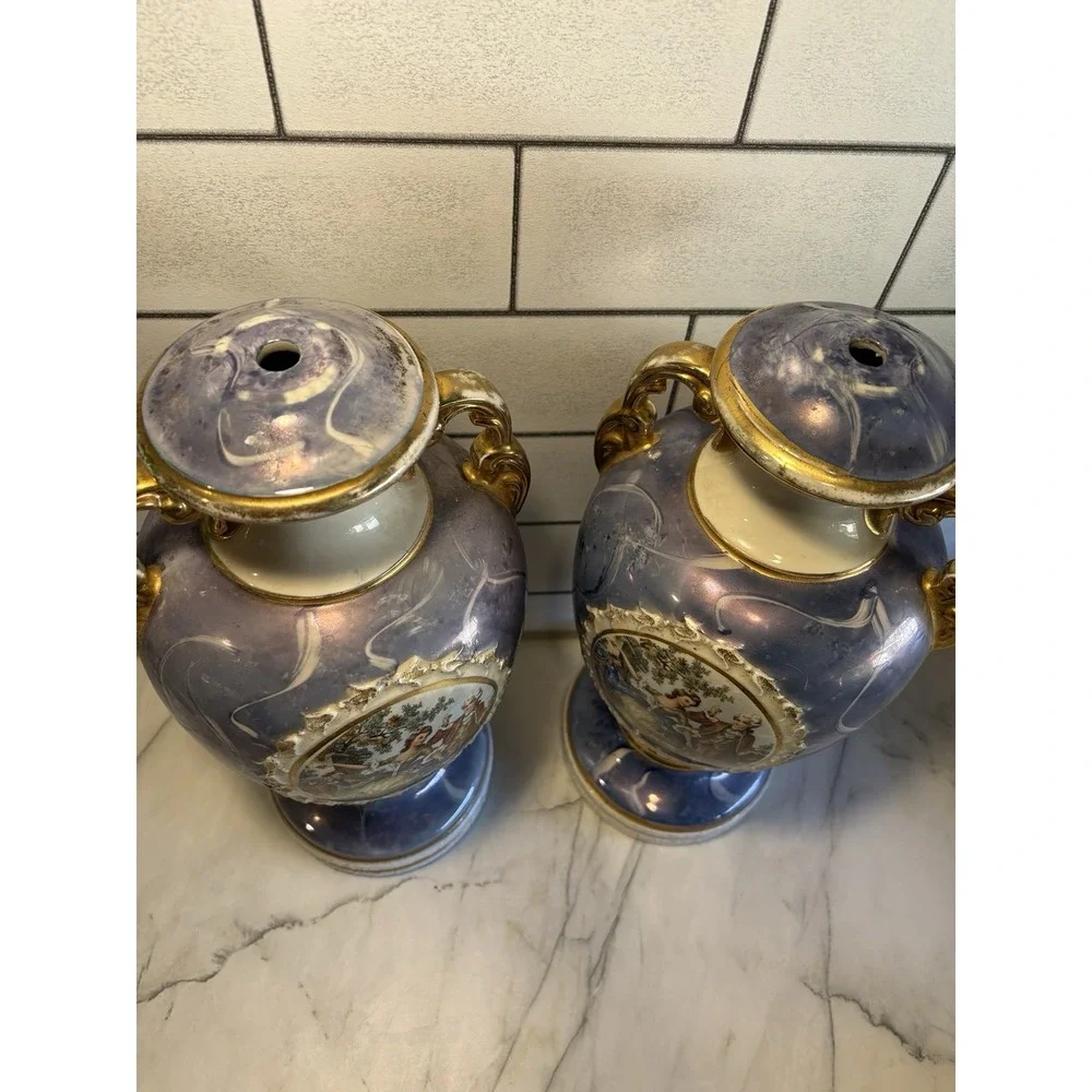 Vintage Le Mieux China 22K Gold Hand Decorated Courting Couple Vase Pair